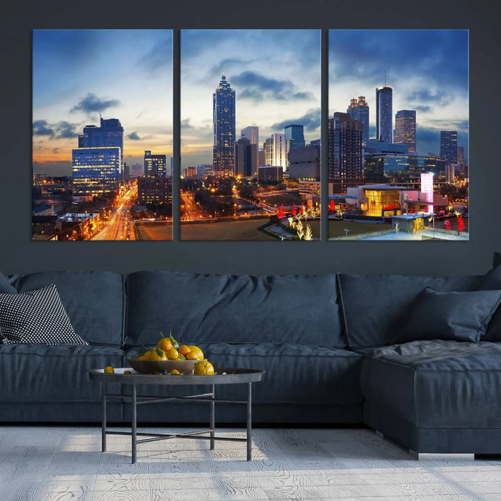 Displayed in the background is the Atlanta City Lights Blue Cloudy Cityscape Canvas Print, complete with a UV-protective coating.