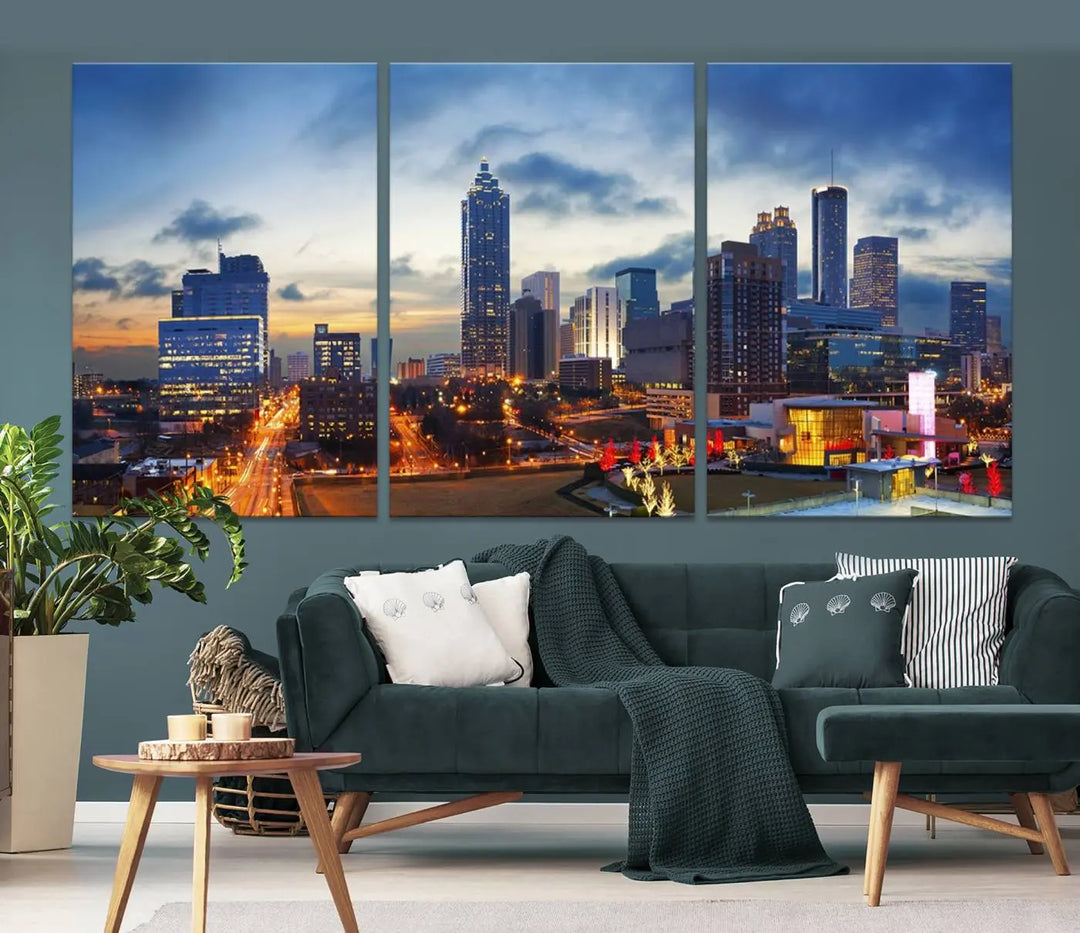 Displayed in the background is the Atlanta City Lights Blue Cloudy Cityscape Canvas Print, complete with a UV-protective coating.