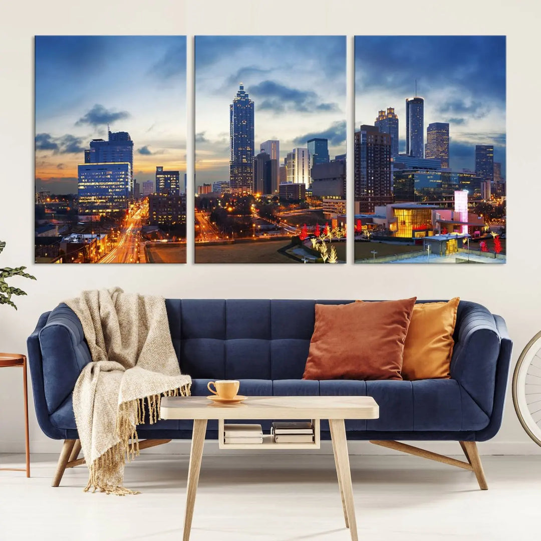 Displayed in the background is the Atlanta City Lights Blue Cloudy Cityscape Canvas Print, complete with a UV-protective coating.