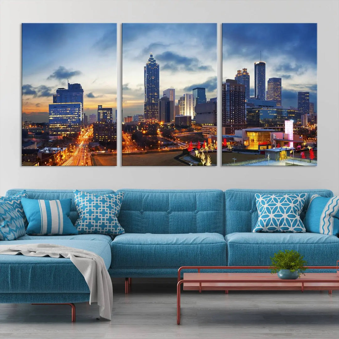 Displayed in the background is the Atlanta City Lights Blue Cloudy Cityscape Canvas Print, complete with a UV-protective coating.