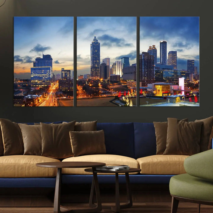 Displayed in the background is the Atlanta City Lights Blue Cloudy Cityscape Canvas Print, complete with a UV-protective coating.