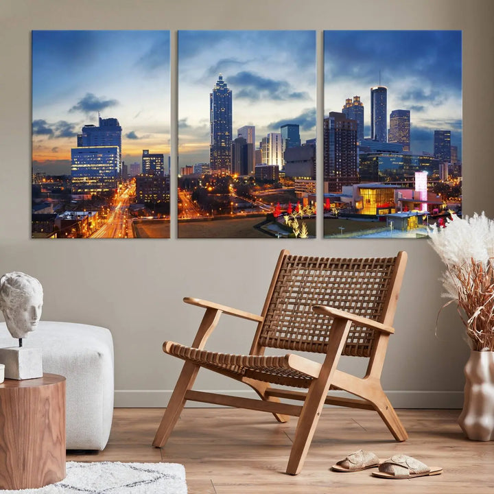 Displayed in the background is the Atlanta City Lights Blue Cloudy Cityscape Canvas Print, complete with a UV-protective coating.