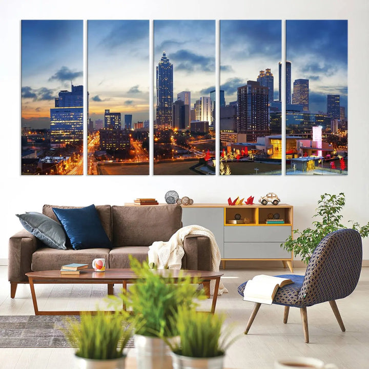 Displayed in the background is the Atlanta City Lights Blue Cloudy Cityscape Canvas Print, complete with a UV-protective coating.