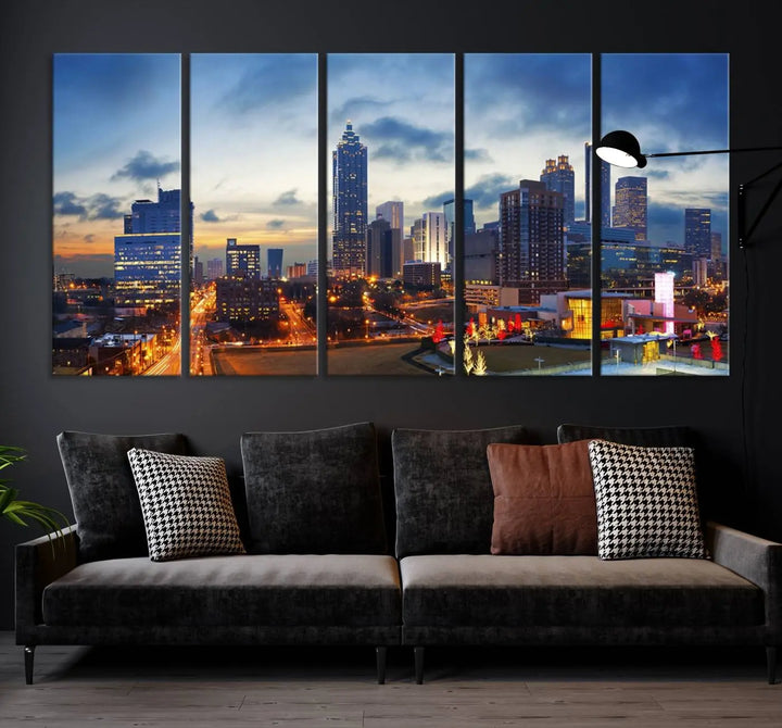 Displayed in the background is the Atlanta City Lights Blue Cloudy Cityscape Canvas Print, complete with a UV-protective coating.