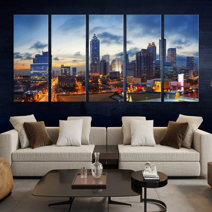 Displayed in the background is the Atlanta City Lights Blue Cloudy Cityscape Canvas Print, complete with a UV-protective coating.