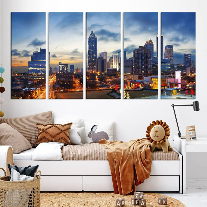 Displayed in the background is the Atlanta City Lights Blue Cloudy Cityscape Canvas Print, complete with a UV-protective coating.