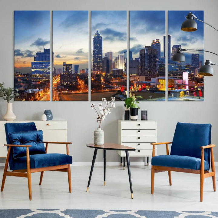 Displayed in the background is the Atlanta City Lights Blue Cloudy Cityscape Canvas Print, complete with a UV-protective coating.