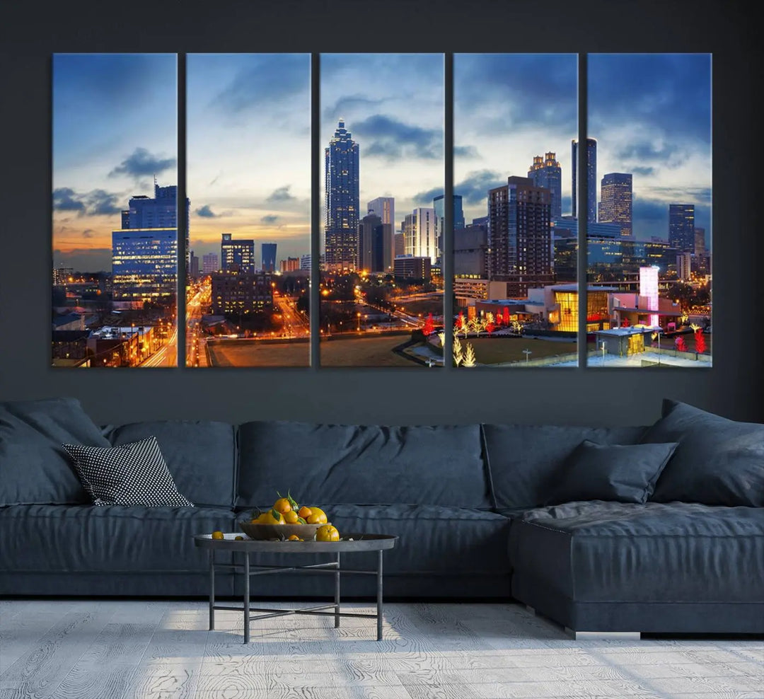 Displayed in the background is the Atlanta City Lights Blue Cloudy Cityscape Canvas Print, complete with a UV-protective coating.