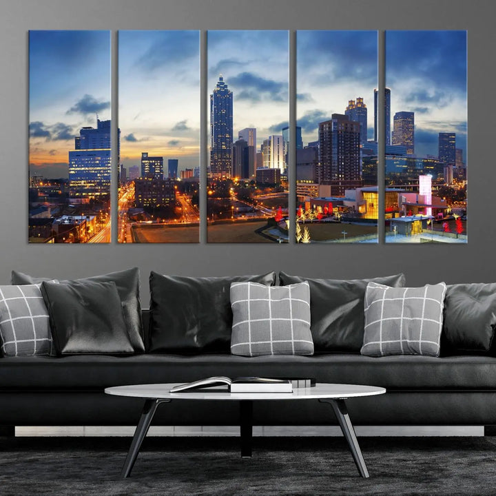 Displayed in the background is the Atlanta City Lights Blue Cloudy Cityscape Canvas Print, complete with a UV-protective coating.