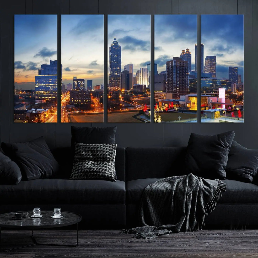 Displayed in the background is the Atlanta City Lights Blue Cloudy Cityscape Canvas Print, complete with a UV-protective coating.