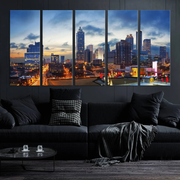 Displayed in the background is the Atlanta City Lights Blue Cloudy Cityscape Canvas Print, complete with a UV-protective coating.