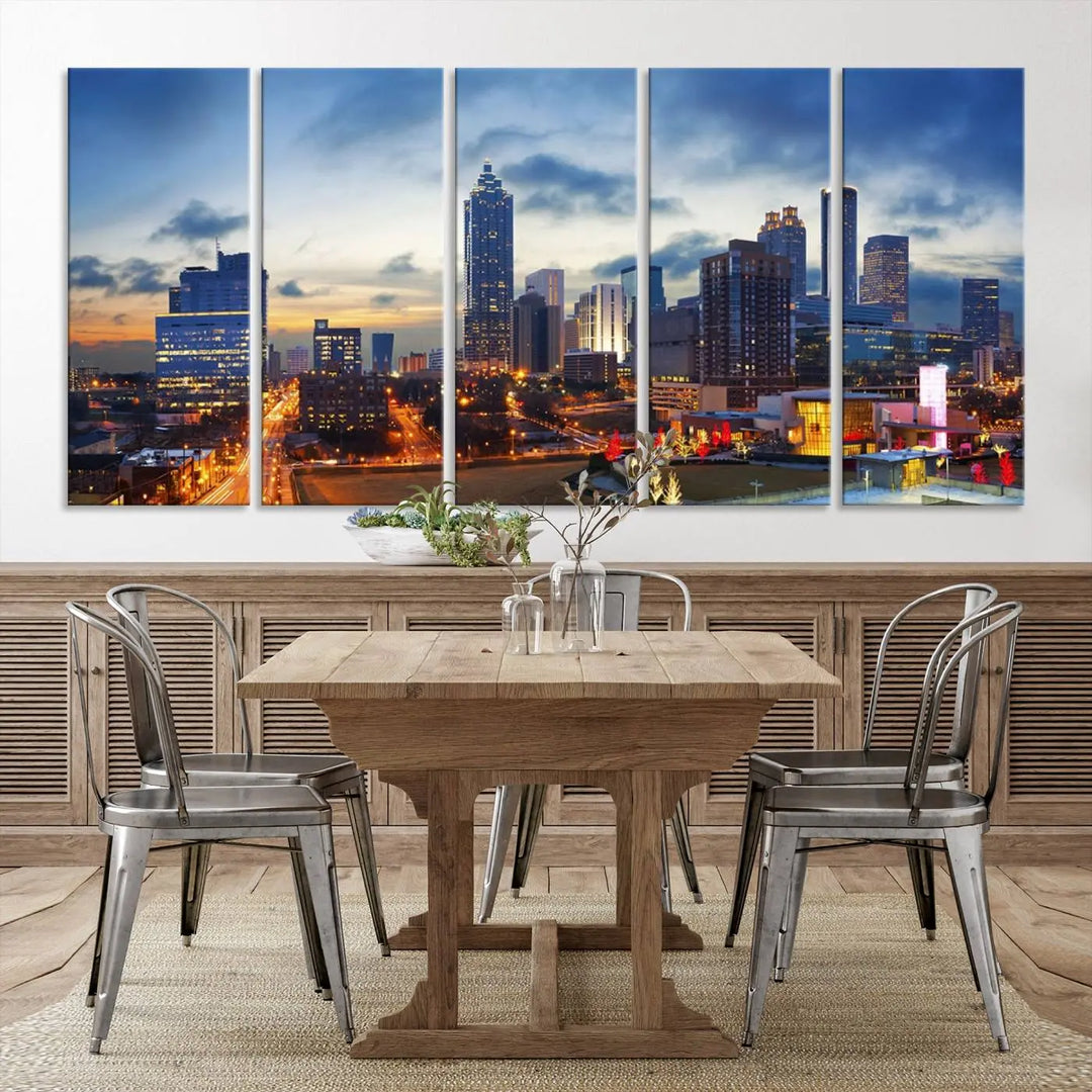 Displayed in the background is the Atlanta City Lights Blue Cloudy Cityscape Canvas Print, complete with a UV-protective coating.