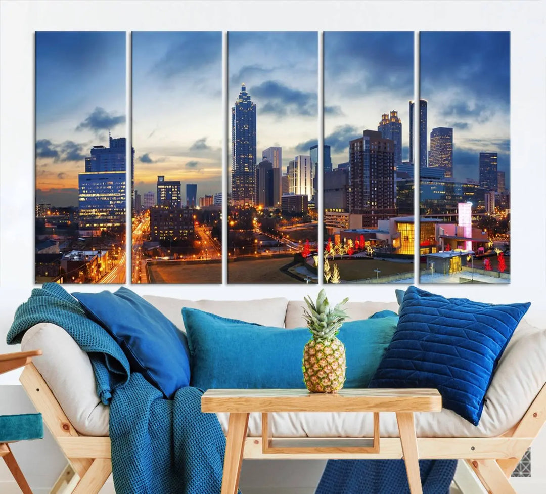 Displayed in the background is the Atlanta City Lights Blue Cloudy Cityscape Canvas Print, complete with a UV-protective coating.