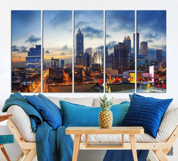 Displayed in the background is the Atlanta City Lights Blue Cloudy Cityscape Canvas Print, complete with a UV-protective coating.