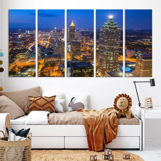 The room features three stunning pieces of the "Atlanta City Lights Cityscape View" wall art canvas prints, showcasing a lit-up city skyline adorned on the wall.