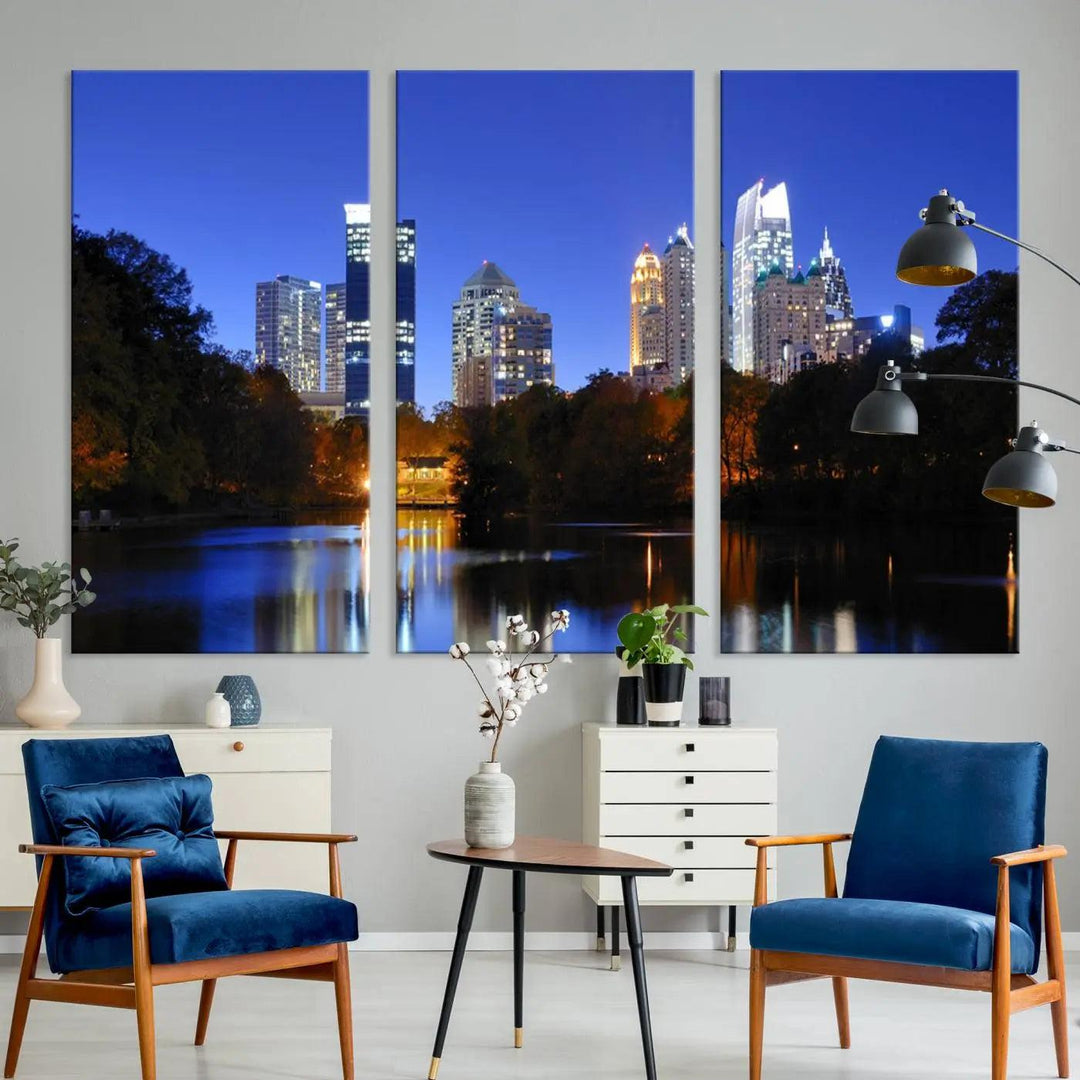 The Atlanta City Lights Night Blue Skyline is a triptych showcasing a night cityscape on museum-quality canvas.