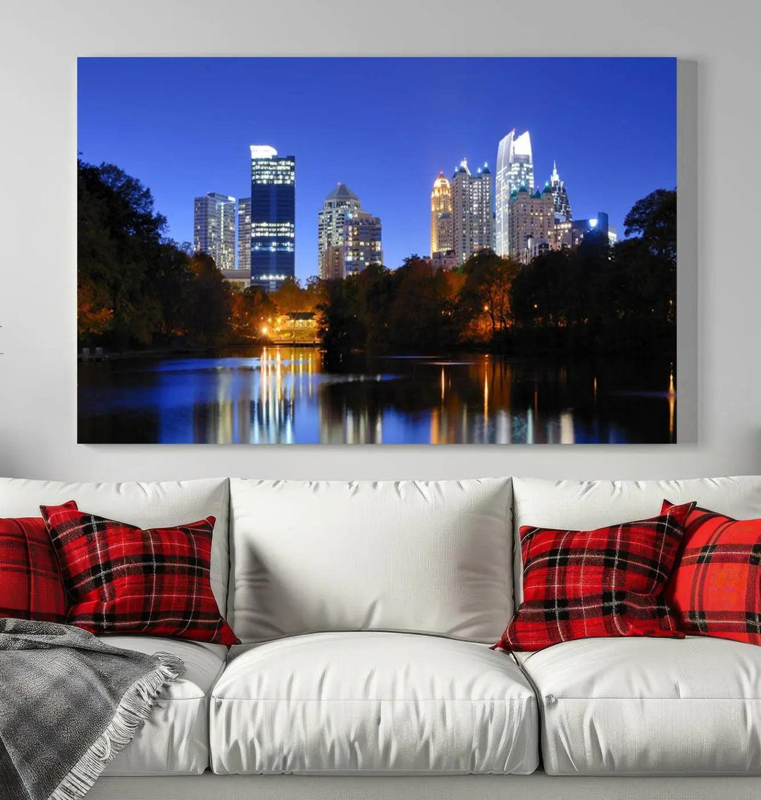 The Atlanta City Lights Night Blue Skyline is a triptych showcasing a night cityscape on museum-quality canvas.