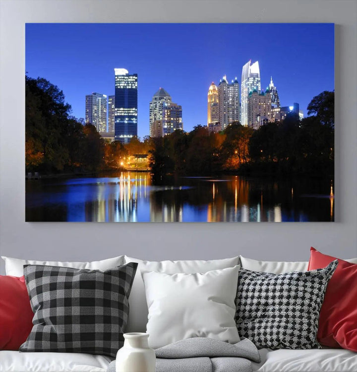 The Atlanta City Lights Night Blue Skyline is a triptych showcasing a night cityscape on museum-quality canvas.