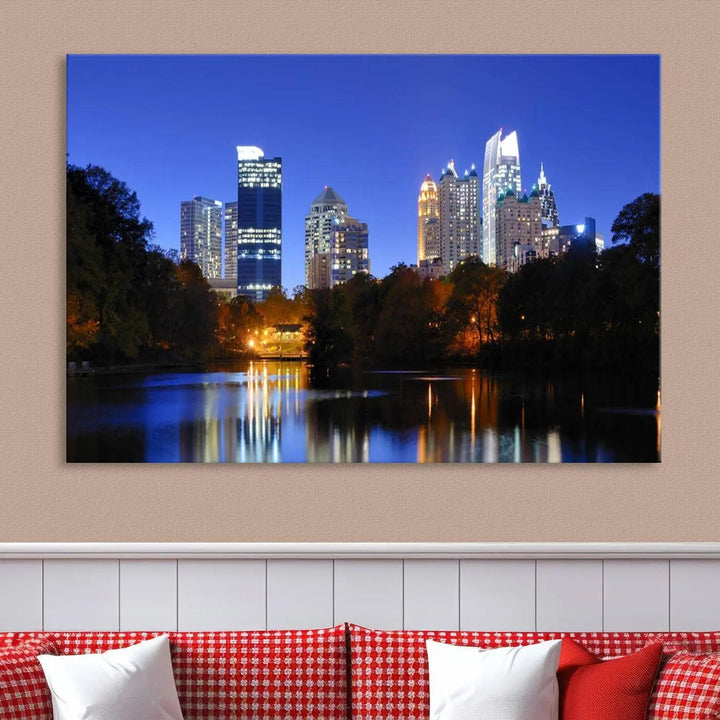 The Atlanta City Lights Night Blue Skyline is a triptych showcasing a night cityscape on museum-quality canvas.