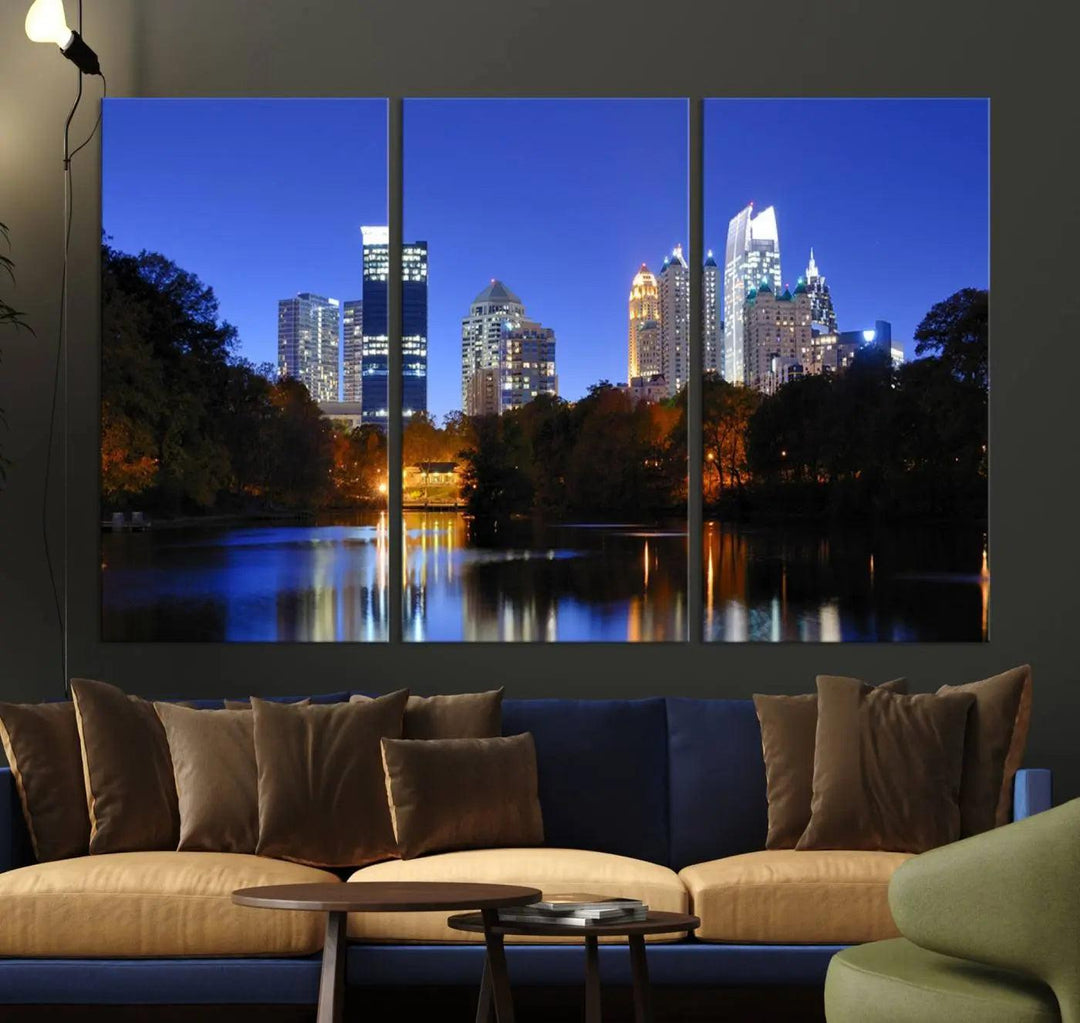 The Atlanta City Lights Night Blue Skyline is a triptych showcasing a night cityscape on museum-quality canvas.