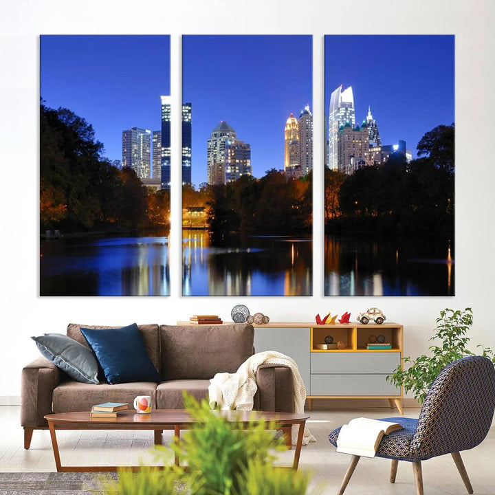 The Atlanta City Lights Night Blue Skyline is a triptych showcasing a night cityscape on museum-quality canvas.