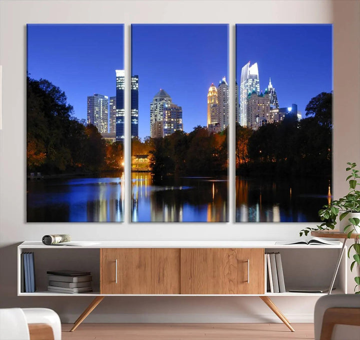 The Atlanta City Lights Night Blue Skyline is a triptych showcasing a night cityscape on museum-quality canvas.