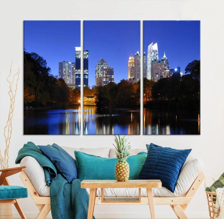 The Atlanta City Lights Night Blue Skyline is a triptych showcasing a night cityscape on museum-quality canvas.