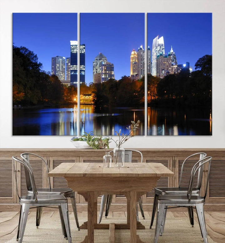 The Atlanta City Lights Night Blue Skyline is a triptych showcasing a night cityscape on museum-quality canvas.