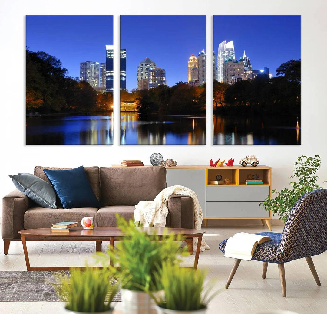 The Atlanta City Lights Night Blue Skyline is a triptych showcasing a night cityscape on museum-quality canvas.