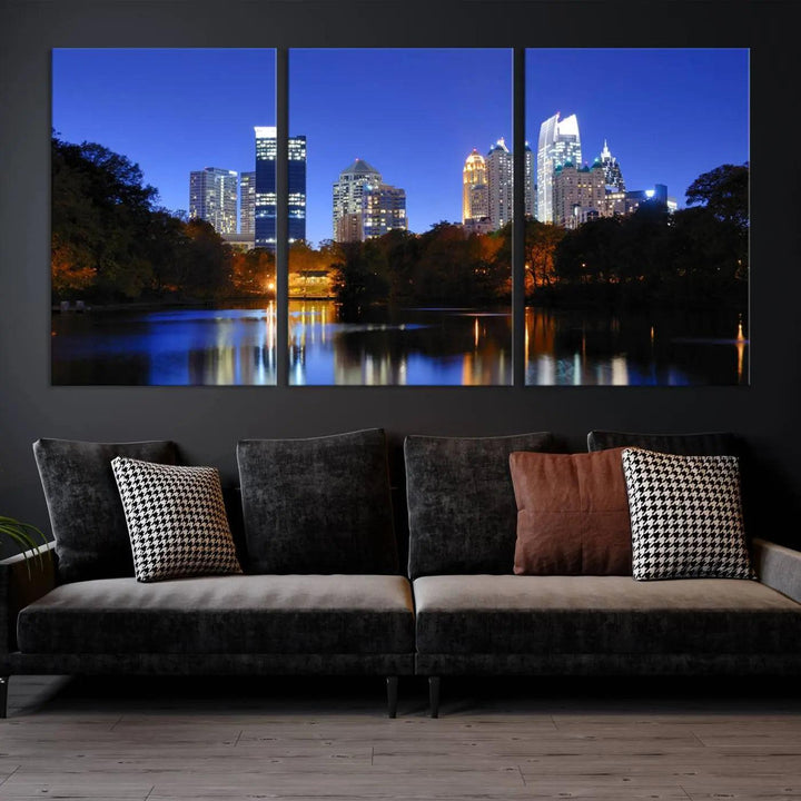 The Atlanta City Lights Night Blue Skyline is a triptych showcasing a night cityscape on museum-quality canvas.