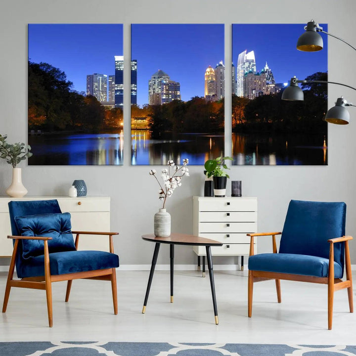 The Atlanta City Lights Night Blue Skyline is a triptych showcasing a night cityscape on museum-quality canvas.