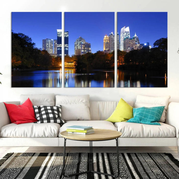 The Atlanta City Lights Night Blue Skyline is a triptych showcasing a night cityscape on museum-quality canvas.