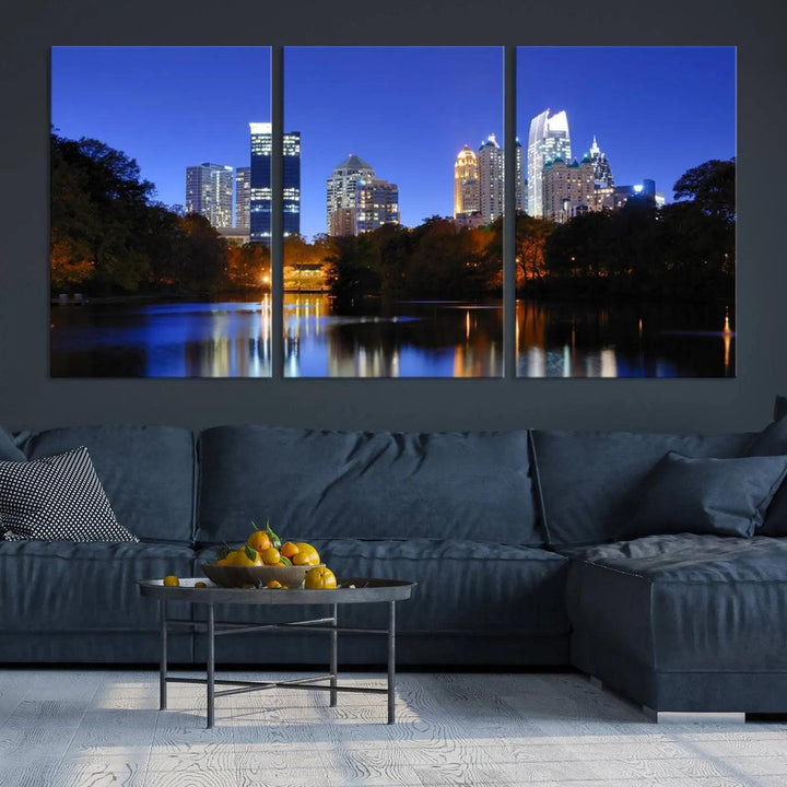 The Atlanta City Lights Night Blue Skyline is a triptych showcasing a night cityscape on museum-quality canvas.