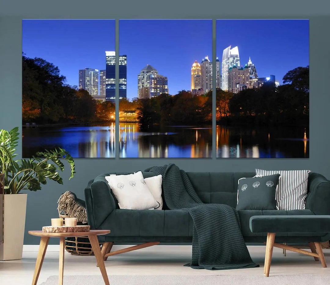 The Atlanta City Lights Night Blue Skyline is a triptych showcasing a night cityscape on museum-quality canvas.