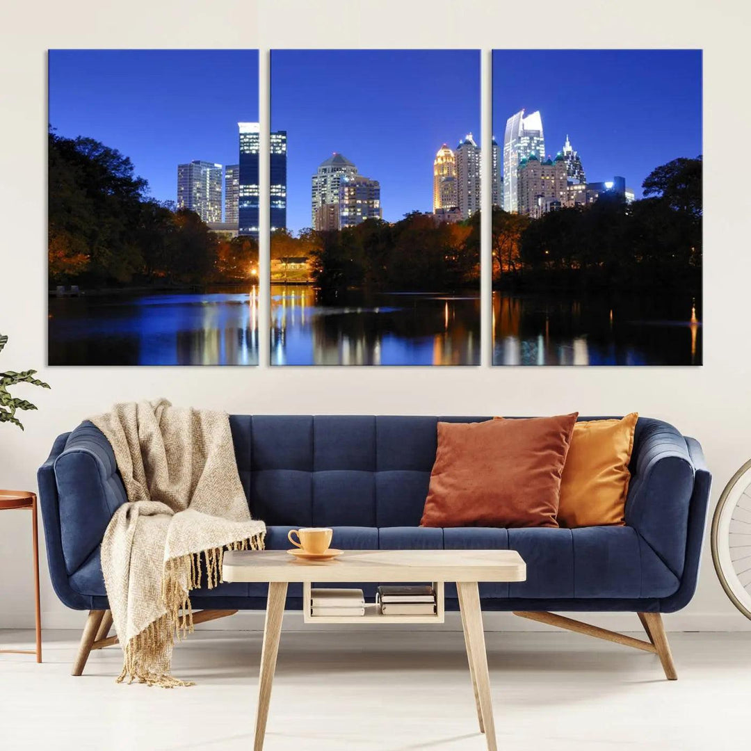 The Atlanta City Lights Night Blue Skyline is a triptych showcasing a night cityscape on museum-quality canvas.