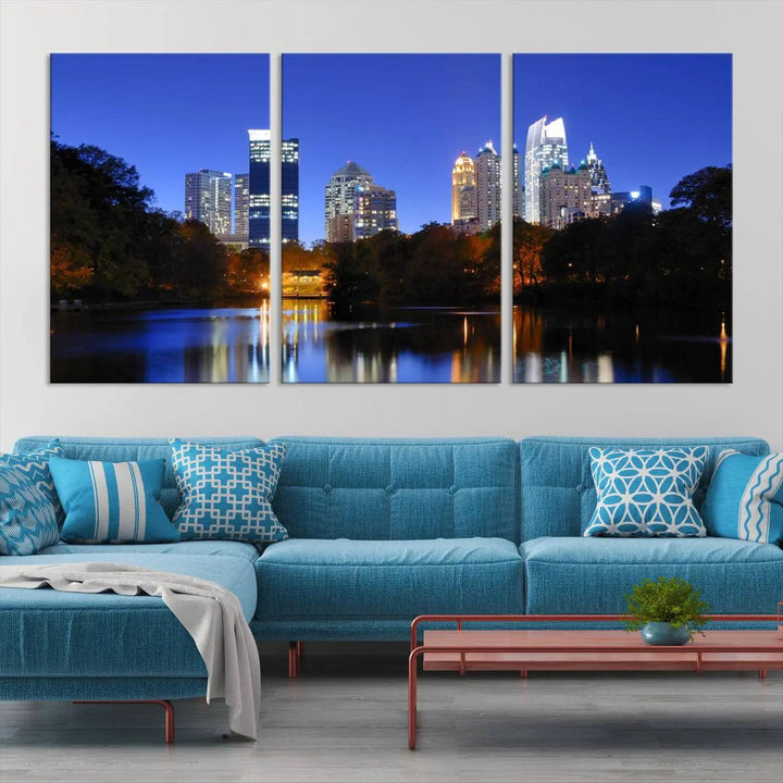 The Atlanta City Lights Night Blue Skyline is a triptych showcasing a night cityscape on museum-quality canvas.