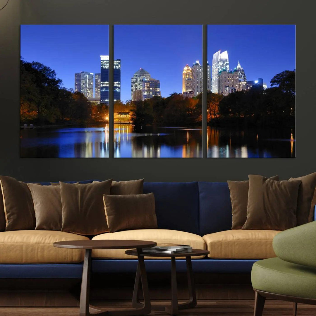 The Atlanta City Lights Night Blue Skyline is a triptych showcasing a night cityscape on museum-quality canvas.