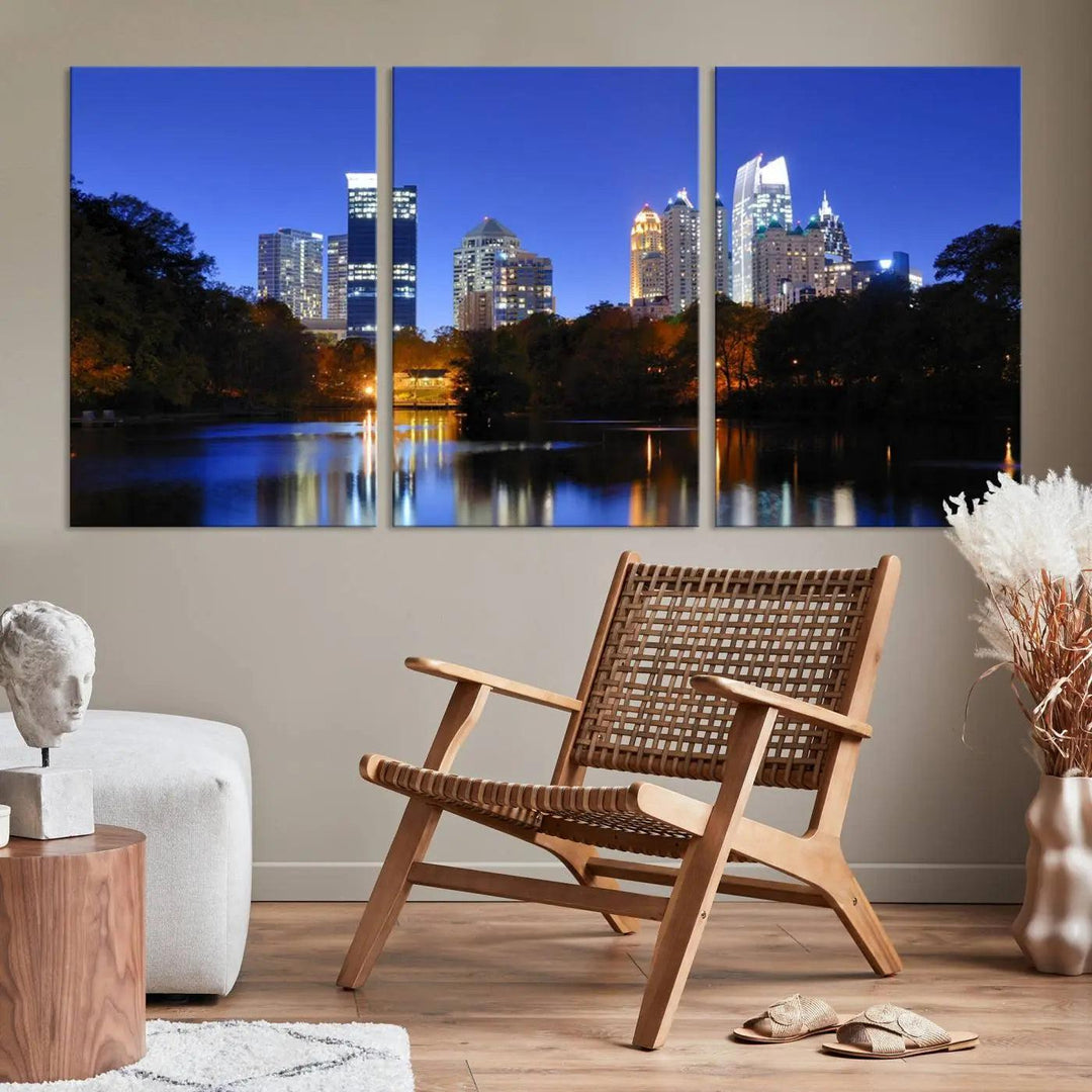 The Atlanta City Lights Night Blue Skyline is a triptych showcasing a night cityscape on museum-quality canvas.