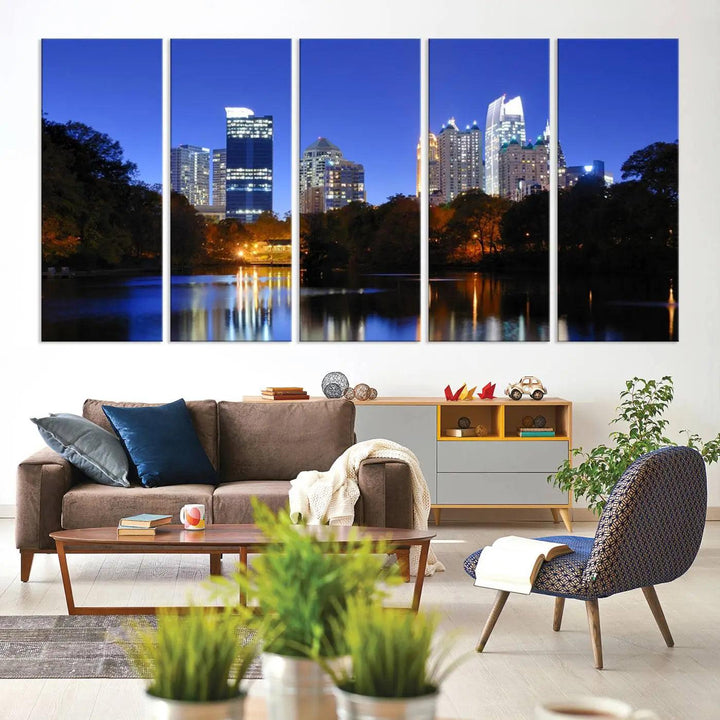 The Atlanta City Lights Night Blue Skyline is a triptych showcasing a night cityscape on museum-quality canvas.