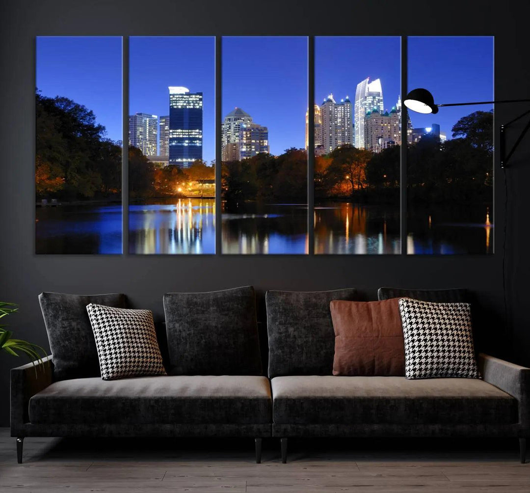 The Atlanta City Lights Night Blue Skyline is a triptych showcasing a night cityscape on museum-quality canvas.