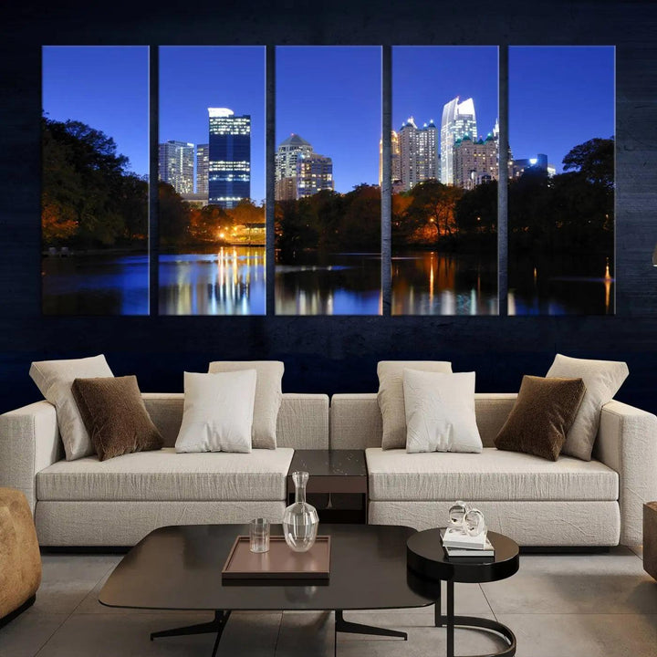 The Atlanta City Lights Night Blue Skyline is a triptych showcasing a night cityscape on museum-quality canvas.