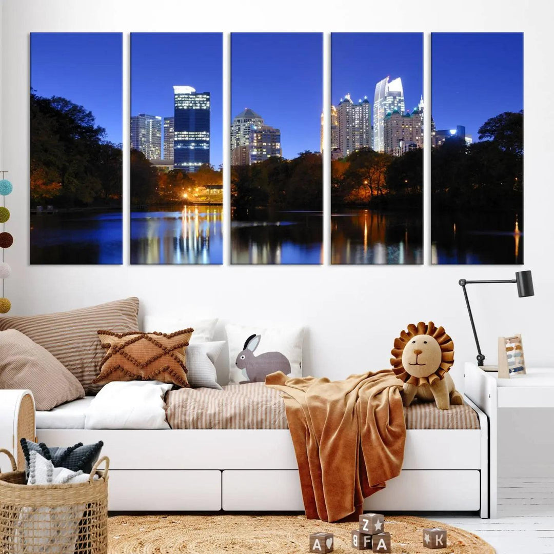 The Atlanta City Lights Night Blue Skyline is a triptych showcasing a night cityscape on museum-quality canvas.