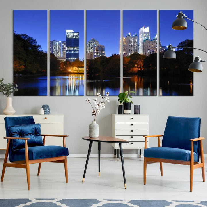 The Atlanta City Lights Night Blue Skyline is a triptych showcasing a night cityscape on museum-quality canvas.