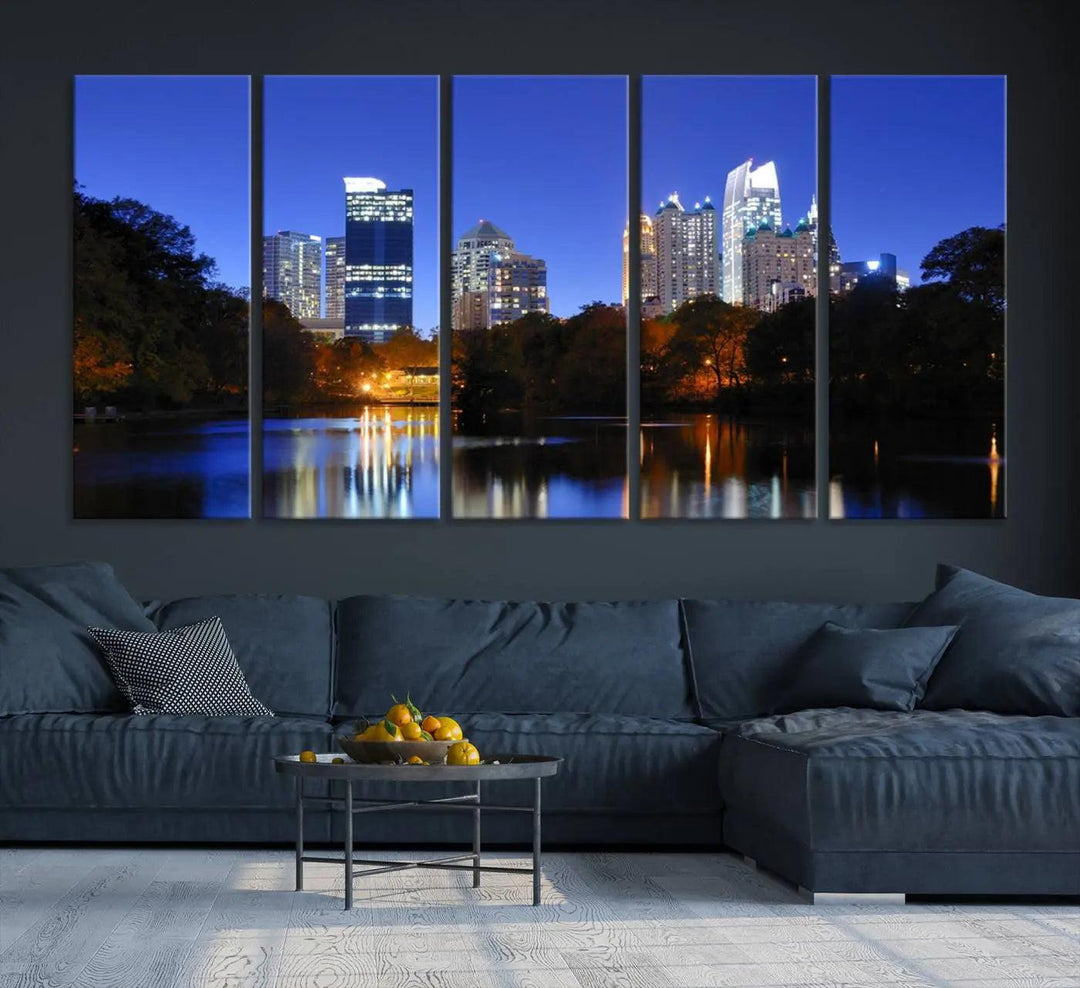 The Atlanta City Lights Night Blue Skyline is a triptych showcasing a night cityscape on museum-quality canvas.