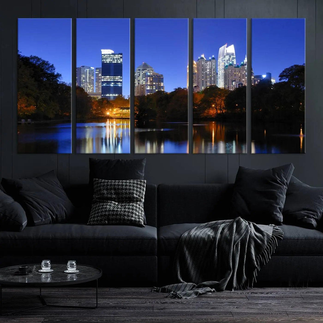 The Atlanta City Lights Night Blue Skyline is a triptych showcasing a night cityscape on museum-quality canvas.