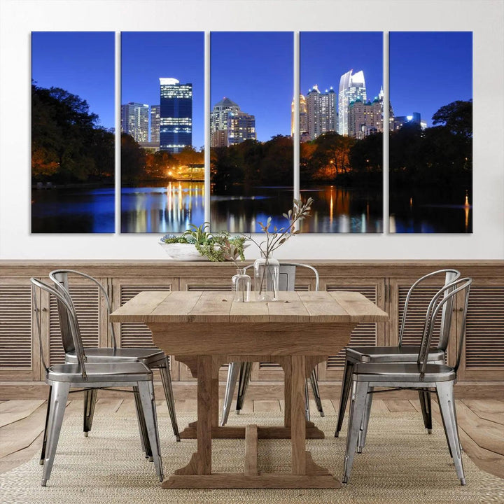 The Atlanta City Lights Night Blue Skyline is a triptych showcasing a night cityscape on museum-quality canvas.