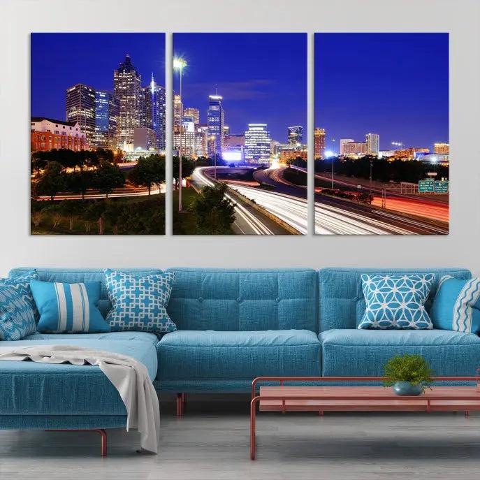 Atlanta City Lights Night Blue Skyline Canvas Print 