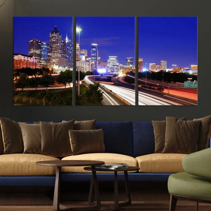 Atlanta City Lights Night Blue Skyline Canvas Print 