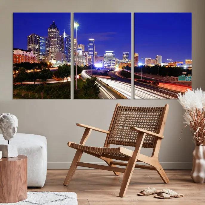 Atlanta City Lights Night Blue Skyline Canvas Print 