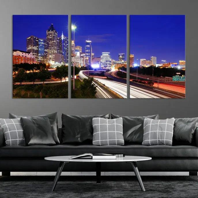 Atlanta City Lights Night Blue Skyline Canvas Print 